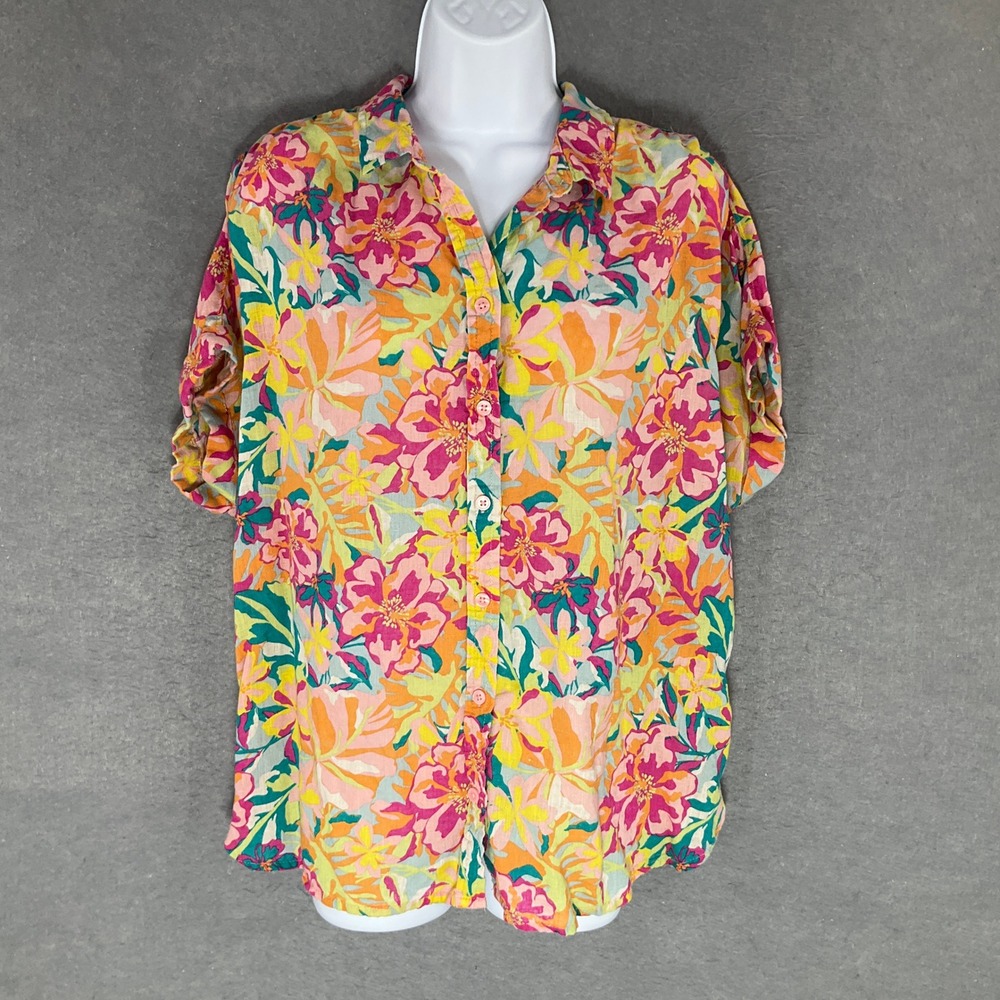 Time and Tru Floral Print Button Up‎ Shirt Womens L Large Linen Blend Breathable